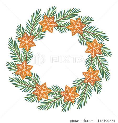 Festive fir wreath with gingerbread. New year and Christmas. Simple flat vector design. 132100273