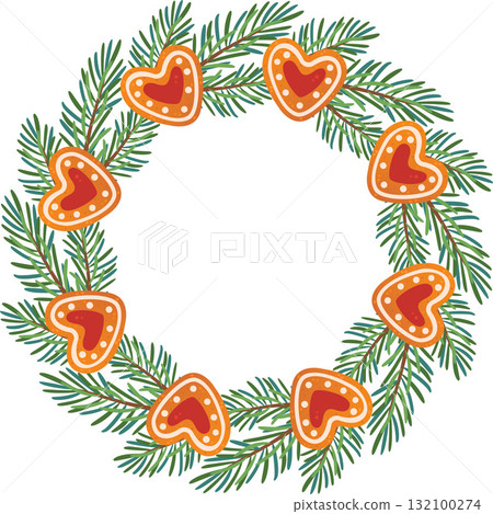 Festive fir wreath with gingerbread. New year and Christmas. Simple flat vector design. 132100274