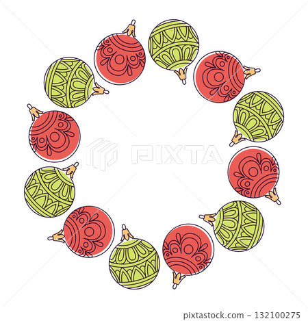 Festive wreath of Christmas tree decorations. Simple flat vector design. 132100275