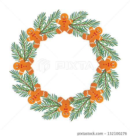 Festive fir wreath with gingerbread. New year and Christmas. Simple flat vector design. 132100276