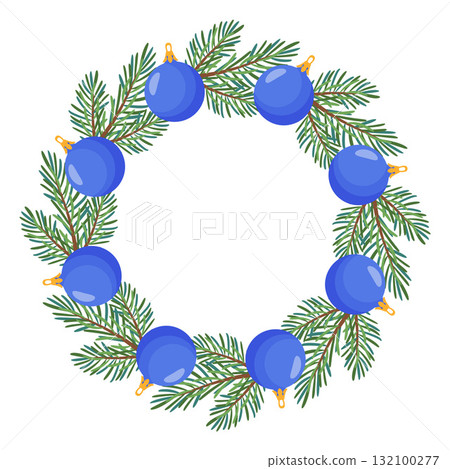 Festive fir wreath with blue balls. New year and Christmas. Simple flat vector design. 132100277