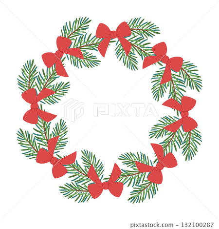 Festive fir wreath with bows. New year and Christmas. Simple flat vector design. 132100287