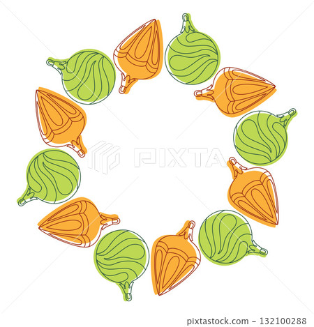 Festive wreath of Christmas tree decorations. Simple flat vector design. 132100288