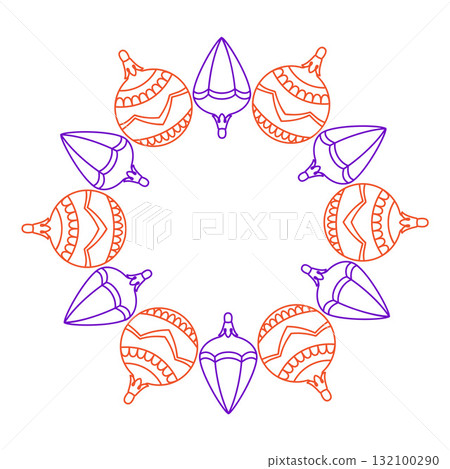 Festive wreath of Christmas tree decorations. Simple flat vector design. 132100290