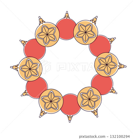 Festive wreath of Christmas tree decorations. Simple flat vector design. 132100294