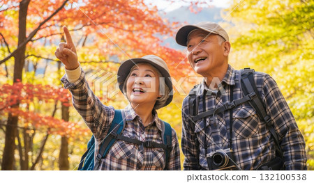 秋季，一對老年夫婦在山中健行 132100538