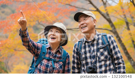 Senior couple hiking in the mountains in autumn Senior couple hiking in the mountains in autumn 132100548