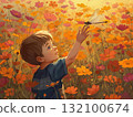 背景：一名男孩在波斯菊田裡觸摸蜻蜓 132100674