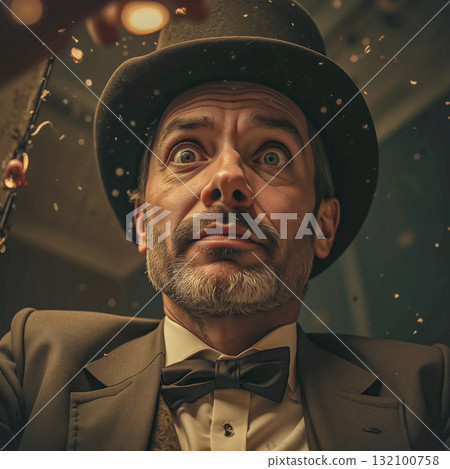 A amazed gentleman in a top hat. An astonished man, with a beard and wearing a top hat and a bow tie, gazes upward under a shower of sparkles. A amazed gentleman in a top hat. An astonished man, with a beard and wearing a top hat and a bow tie, gazes upward under a shower of sparkles. 132100758