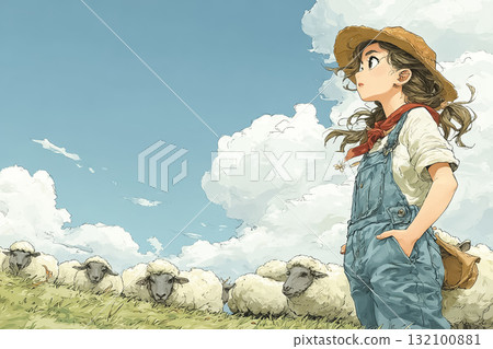 Miyu系列:一位年輕女子在放牧一群羊 Miyu系列:一位年輕女子在放牧一群羊 132100881