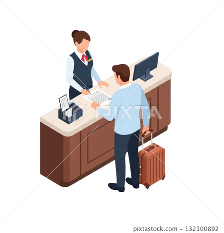 飯店入住的等距插圖 132100892