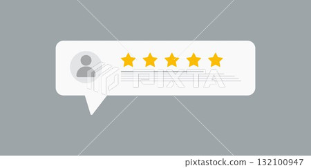 Five star rating. Five star rating displayed in a speech bubble. User comment, Feedback, Review and rate us concept. Five star rating. Five star rating displayed in a speech bubble. User comment, Feedback, Review and rate us concept. 132100947