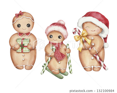 Watercolor cute Gingerbreads cookies set 132100984