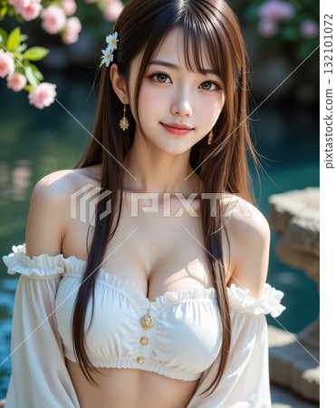 一位身著露肩裝的女士站在美麗清澈的溪流岸邊 132101072