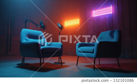 Modern podcast studio interior with two armchairs, microphones 132101086