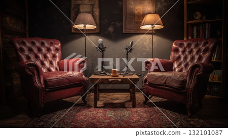 Vintage podcast studio interior with leather armchairs 132101087