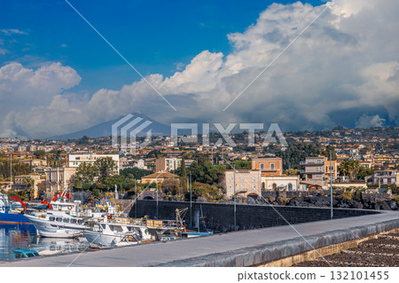 Coastal Town with Volcano 132101455