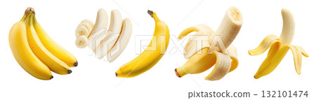 Set isolated fresh tropical fruit, ripe bananas in various style, whole, peeled, and sliced, on transparent background. 132101474