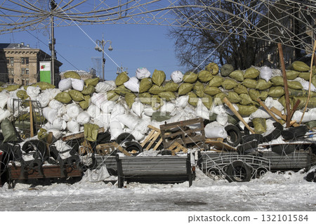 Barricade during protests in the streets of Kyiv, Ukraine Barricade during protests in the streets of Kyiv, Ukraine 132101584