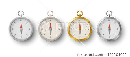 Vector 3d Realistic Compass Icon Set. Silver, Gold, Metal Navigation Compasses. Classic Travel Compass Icon, Navigation Symbol, Exploration Tool, Direction Equipment, Front View Vector 3d Realistic Compass Icon Set. Silver, Gold, Metal Navigation Compasses. Classic Travel Compass Icon, Navigation Symbol, Exploration Tool, Direction Equipment, Front View 132101621