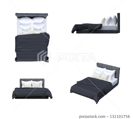double bed isolated on a transparent background, furniture for the bedroom interior, 3D illustration, cg render 132101756