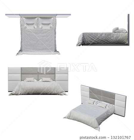 double bed isolated on a transparent background, furniture for the bedroom interior, 3D illustration, cg render 132101767