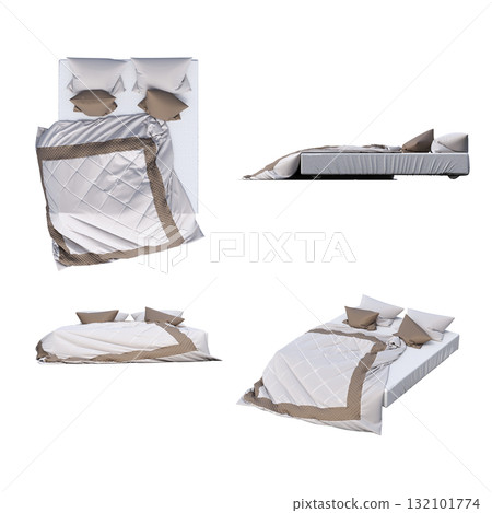 double bed isolated on a transparent background, furniture for the bedroom interior, 3D illustration, cg render 132101774