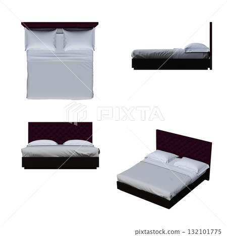 double bed isolated on a transparent background, furniture for the bedroom interior, 3D illustration, cg render 132101775
