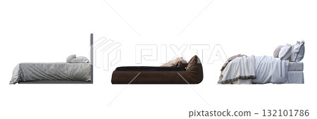double bed isolated on a transparent background, furniture for the bedroom interior, 3D illustration, cg render 132101786