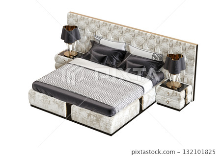 double bed isolated on a transparent background, furniture for the bedroom interior, 3D illustration, cg render 132101825