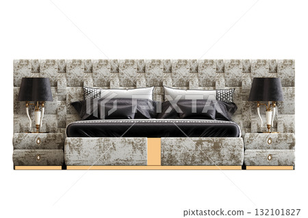 double bed isolated on a transparent background, furniture for the bedroom interior, 3D illustration, cg render 132101827