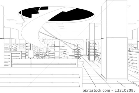 shopping mall, contour visualization, 3D illustration, sketch, outline shopping mall, contour visualization, 3D illustration, sketch, outline 132102093