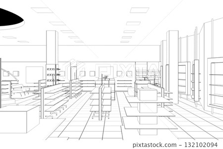 shopping mall, contour visualization, 3D illustration, sketch, outline shopping mall, contour visualization, 3D illustration, sketch, outline 132102094