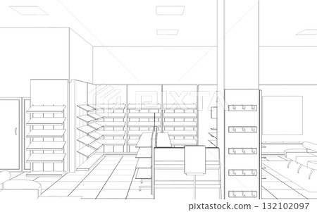 shopping mall, contour visualization, 3D illustration, sketch, outline 132102097