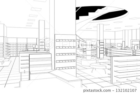 shopping mall, contour visualization, 3D illustration, sketch, outline shopping mall, contour visualization, 3D illustration, sketch, outline 132102107