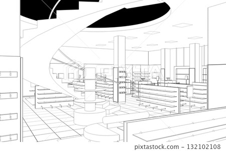 shopping mall, contour visualization, 3D illustration, sketch, outline 132102108