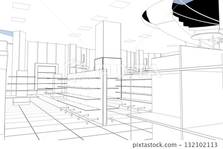 shopping mall, contour visualization, 3D illustration, sketch, outline 132102113