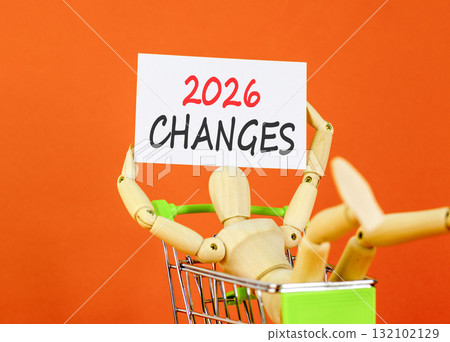2026 Changes symbol. Concept words 2026 Changes on beautiful white card. Beautiful orange paper background. Businessman's model. Business and 2026 changes concept. Copy space. 132102129