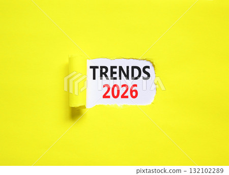 Trends 2026 new year symbol. Concept words Trends 2026 on beautiful white paper. Beautiful yellow paper background. Business and Trends 2026 new year concept. Copy space. 132102289