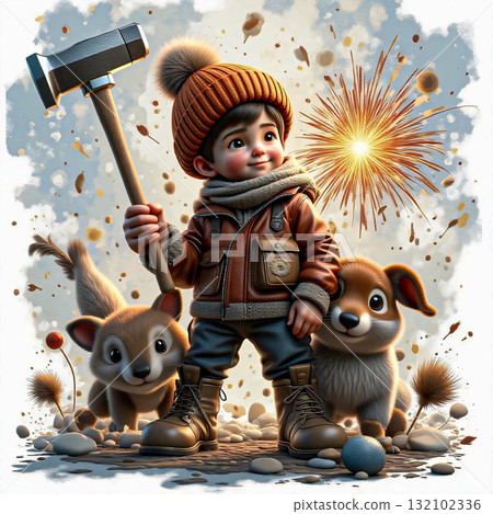 Whimsical winter boy with hammer and animal pals. A young boy, dressed warmly in a brown jacket, scarf, and hat with a pom-pom, holds a large hammer. 132102336