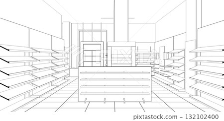shopping mall, contour visualization, 3D illustration, sketch, outline 132102400