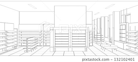 shopping mall, contour visualization, 3D illustration, sketch, outline 132102401