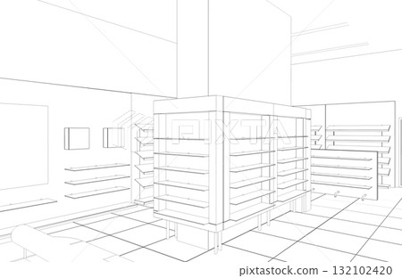 shopping mall, contour visualization, 3D illustration, sketch, outline 132102420