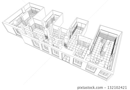shopping mall, contour visualization, 3D illustration, sketch, outline 132102421