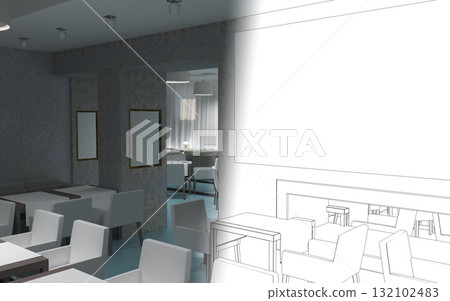 restaurant, interior visualization, 3D illustration restaurant, interior visualization, 3D illustration 132102483