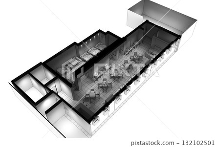 restaurant, interior visualization, 3D illustration restaurant, interior visualization, 3D illustration 132102501