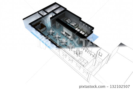 restaurant, interior visualization, 3D illustration restaurant, interior visualization, 3D illustration 132102507
