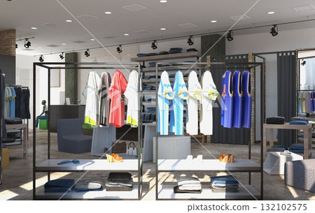 clothing store, interior visualization, 3D illustration 132102575