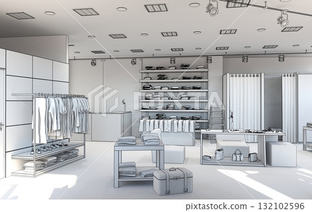 clothing store, interior visualization, 3D illustration clothing store, interior visualization, 3D illustration 132102596