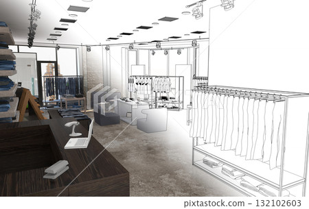 clothing store, interior visualization, 3D illustration 132102603
